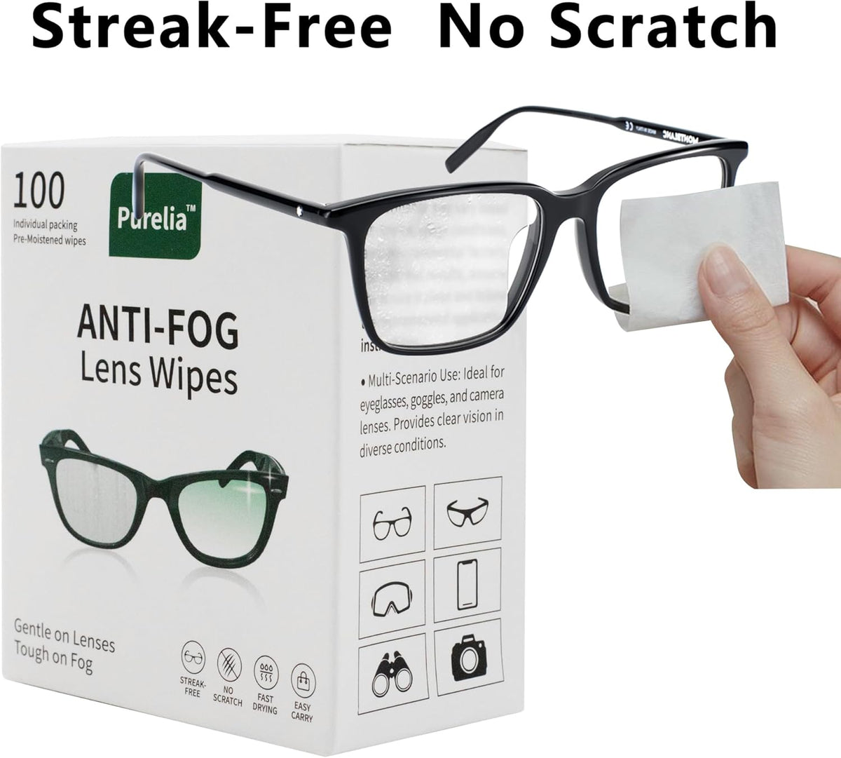 Anti-Fog Lens Wipes,100 Count, Quick-Clean Lens Cloths for Eyeglasses, Goggles, Screens, Portable Individually Wrapped Sheets, Pre-Moistened Cleaning Wipes for Eyeglasses