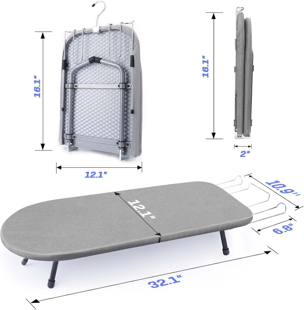 Tabletop Ironing Board with Iron Rest, Metal Mesh Panel Mini Ironing Board with Heat Resistant Cover, Portable Small Iron Board Foldable for Dorms, Apartment and Travel, 32" x12'', Grey