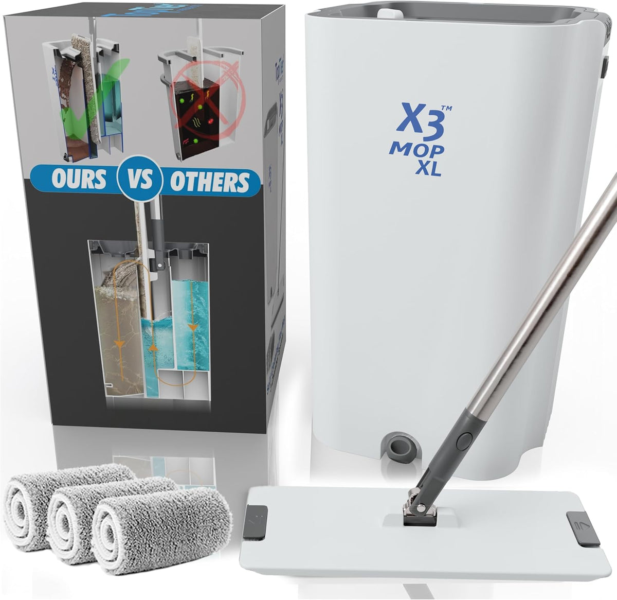 X3 Mop XL, Separates Dirty and Clean Water, 3-Chamber Design, Flat Mop and Bucket Set, Hands Free Home Floor Cleaning, 3 Reusable Microfiber Mop Pads Included