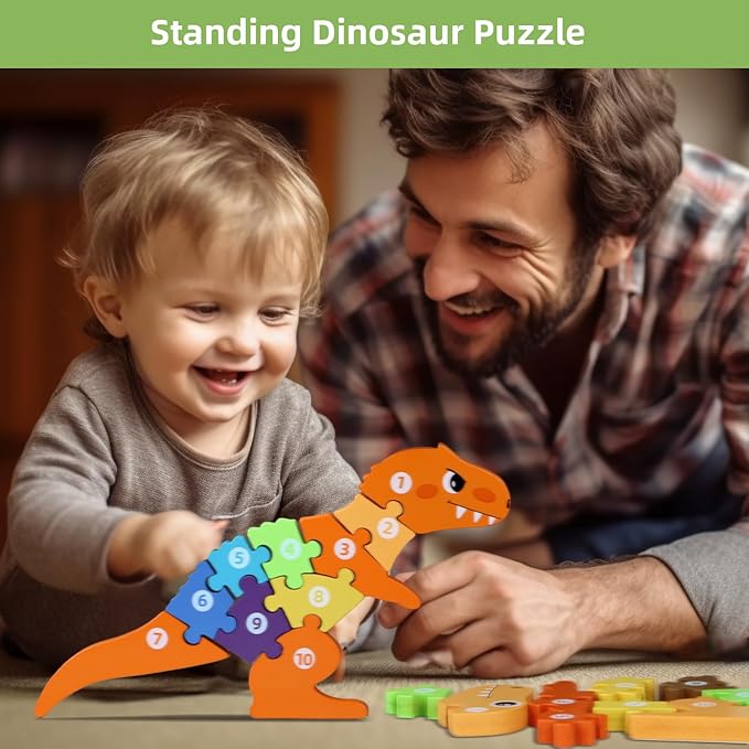 Wooden Dinosaur Puzzles Set for Kids/Toddlers Ages 1-8, T-Rex & Allosaurus with Colorful Box, Educational Dino Toys Little Boys/Girls 2 3 4 5 6 Year Old, Numbers/Chunky, Large 11"x7" Size