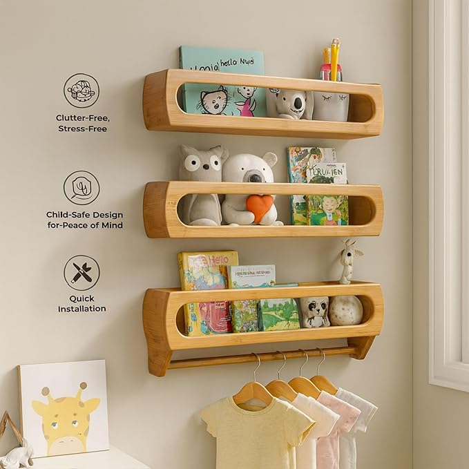 Bamboo Nursery Book Shelves, Fully Assembled For Easy Use - Set of 3 Floating Shelves for Wall Kids, Wall Mounted Book Shelves For Kids Room, Baby Room, Toddler Room, Nursery Decor, 16.5 Inch Natural