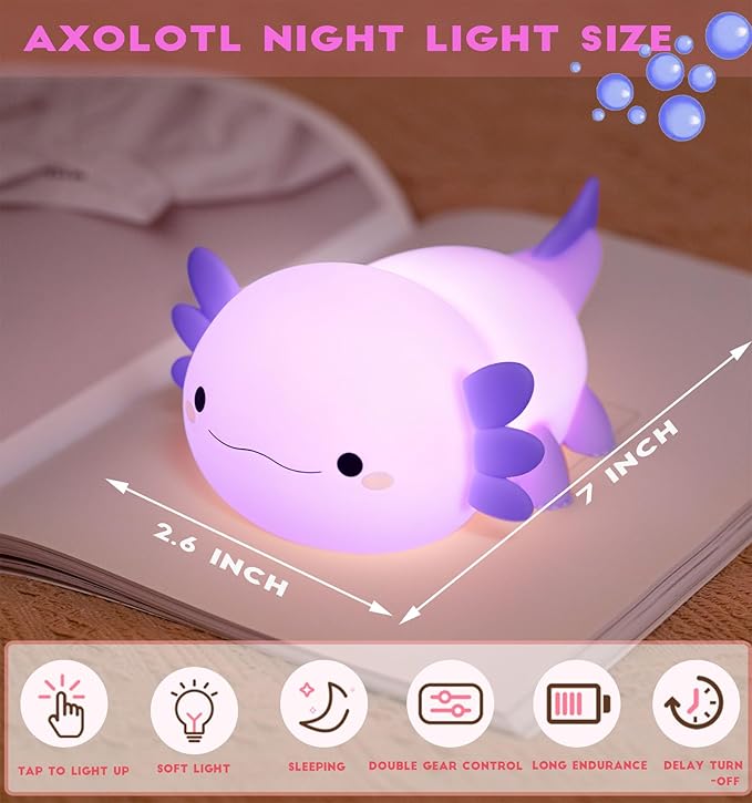 DREAMING MY DREAM Axolotl Night Light for Kids,Cute Axolotl Gifts lamp Rechargeable Light Table Bedside Lamp,LED Animal Silicone Nursery Night Lamp Cute Room Decor for Kids Girls Boys