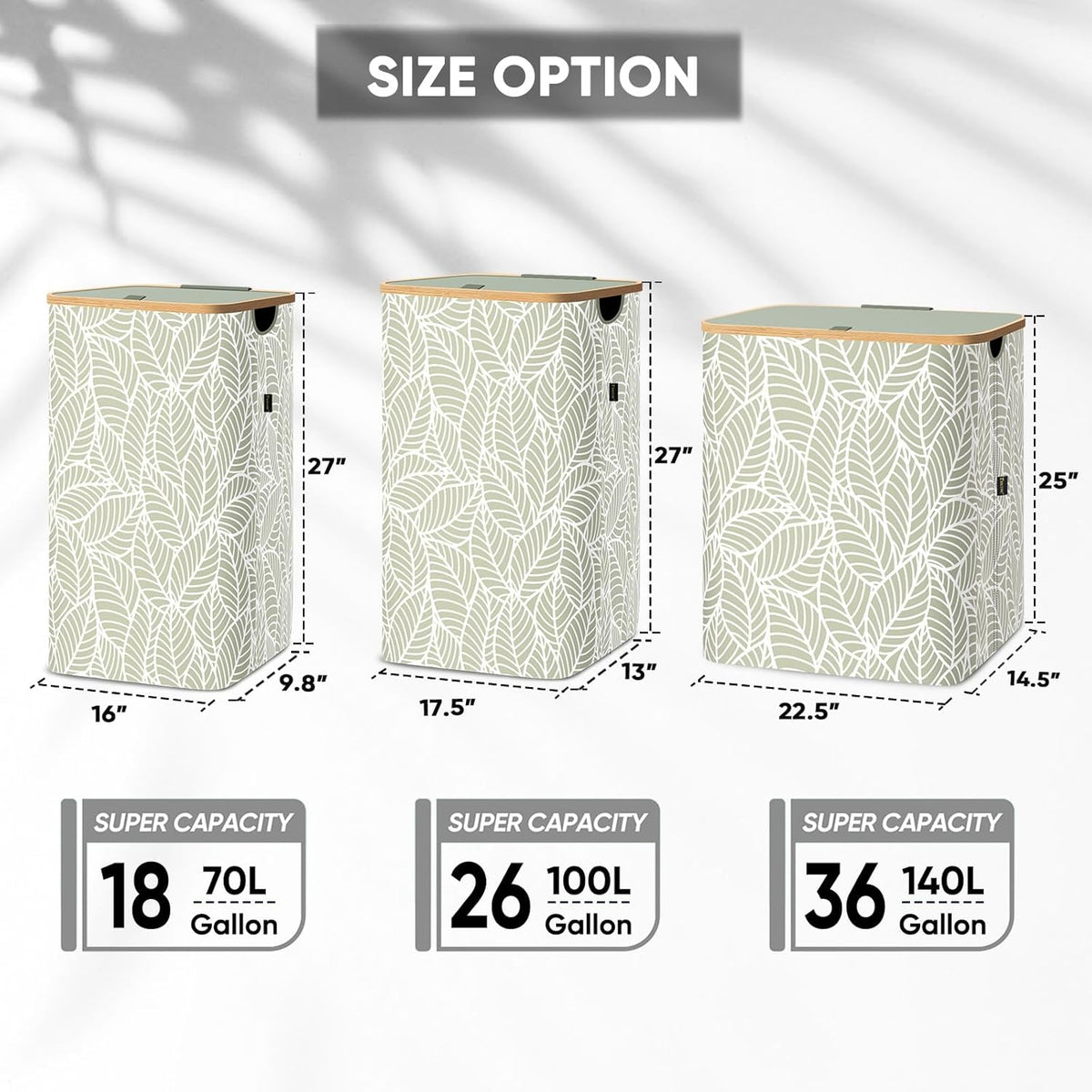BALEINE Laundry Hamper with Lid, Tall Laundry Baskets with Bamboo Pull Handles, Large Laundry Bin with Internal Support (36 Gal/140L, Antique Foliage)