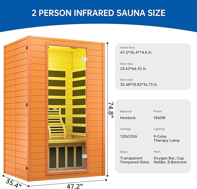 Infrared Sauna Room for Home, Near Zero EMF Wooden 2 Person Indoor Infrared Sauna at Home with Bluetooth, LCD Control Panel, Chromo Therapy Light
