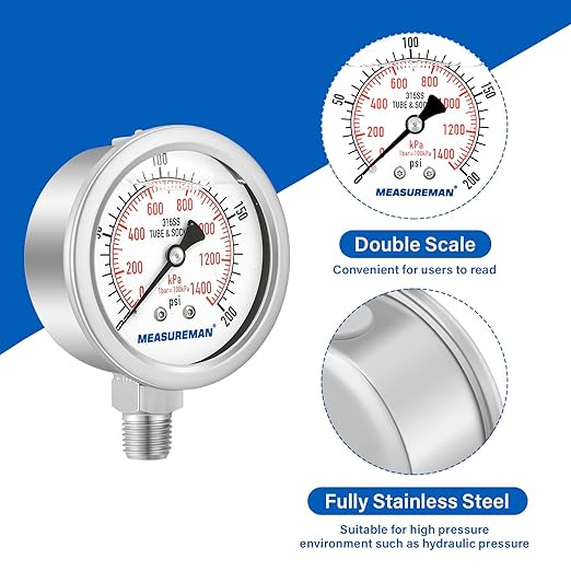 MEASUREMAN Fully Stainless Steel Hydraulic Glycerin Filled Pressure Gauge, 2-1/2" Dial Size,0-200psi/kpa,1/4" NPT Lower Mount