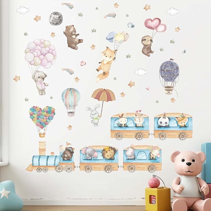 Hot Air Balloon Animal Wall Decals - Elephant Lion Giraffe Train Animal Wall Stickers - Baby Nursery Kids Girls Bedroom Daycare Wall Decor