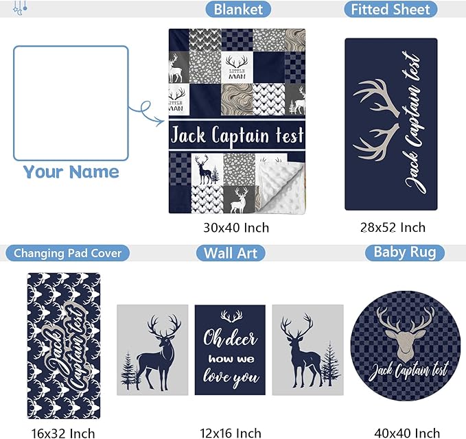 Personalized Baby Bedding Set, 5 Pcs Custom Name Crib Bedding Set, Double Layer Blue Nursery Bedding Set for Baby Boys, Woodland Deer Baby Crib Set, Gifts for Toddlers Infants New Parents