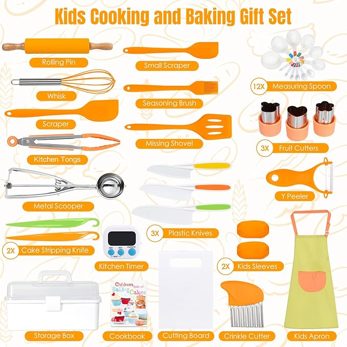 Kids Cooking Sets Real, Kids Cooking and Baking Gift Set with Storage Case Timer Kid Safe Knives Cutting Board, Toddler Real Kitchen Accessories, Birthday Gifts for Girls Boys Age 4 - 8