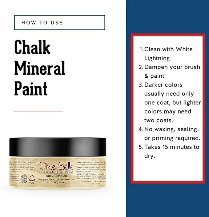 Dixie Belle Paint Company Chalk Finish Furniture Paint - Buttercream (4oz) - Matte Creamy White Chic Chalk Mineral DIY Furniture Paint