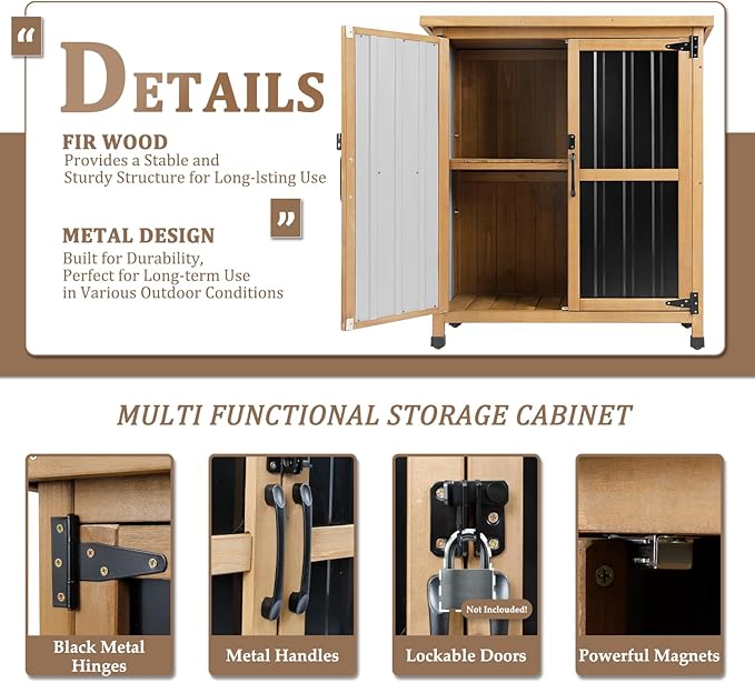 Weatherproof Outdoor Storage Cabinet with Lockable Doors, Wood & Metal Garden Storage Shed Patio Storage Box for Tools & Lawn Equipment, Pool Accessories