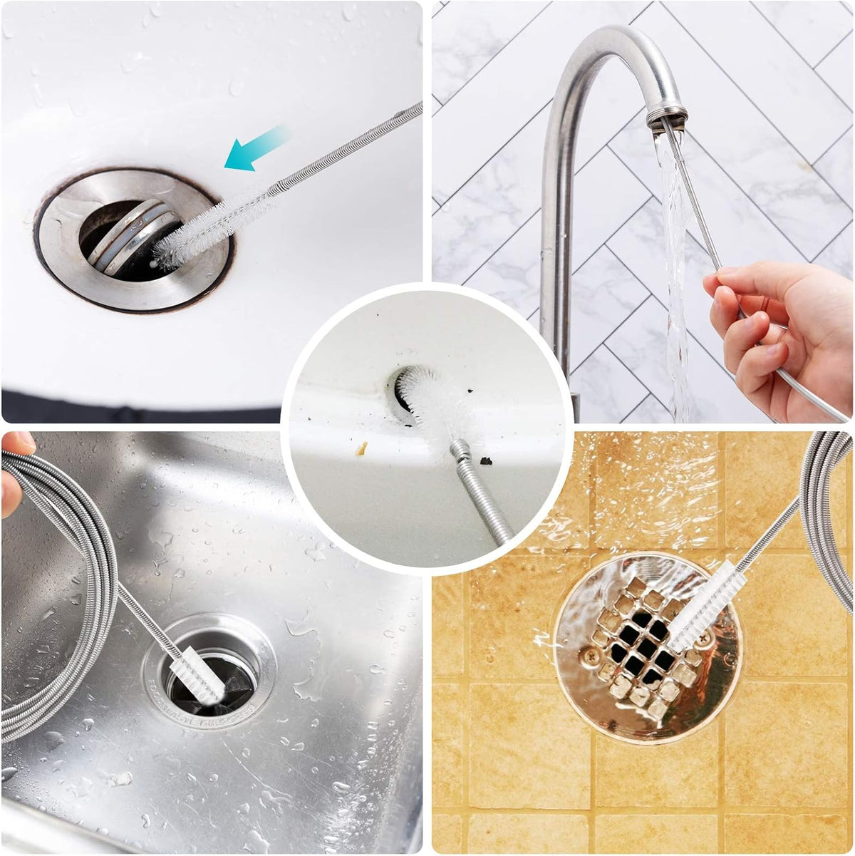 Extra-Thick Drain Brush with Stronger Spring 61-Inch Stainless Steel and Nylon Pipe Cleaner for Flexible, Curved & Slim Holes, Stronger Spring Version