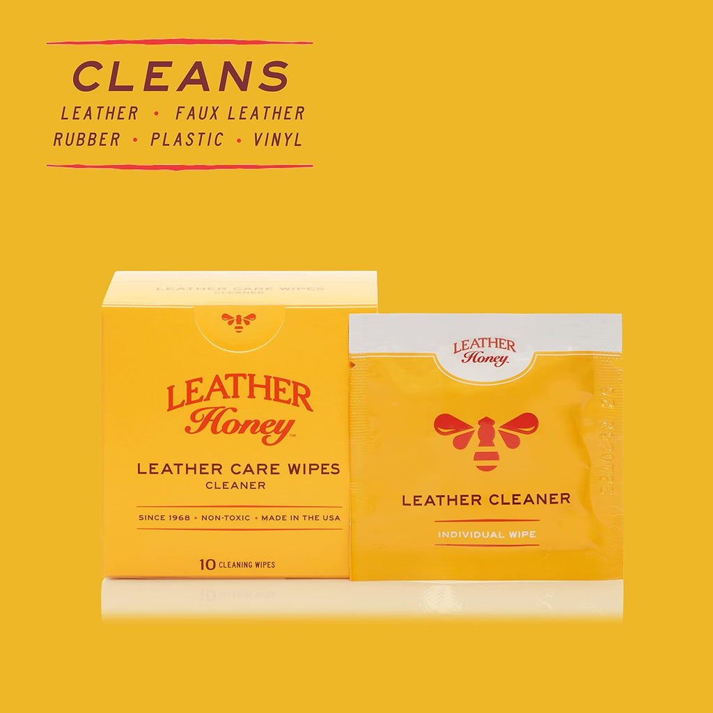 Leather Honey Cleaner Wipes: Clean Leather On-The-Go. 10 Cleaning Wipes for Leather, Faux & Vinyl: Any Color of Couches, Car Seats, Purses, Shoes & Bags. Made in the USA, Non-toxic & Ready-to-Use
