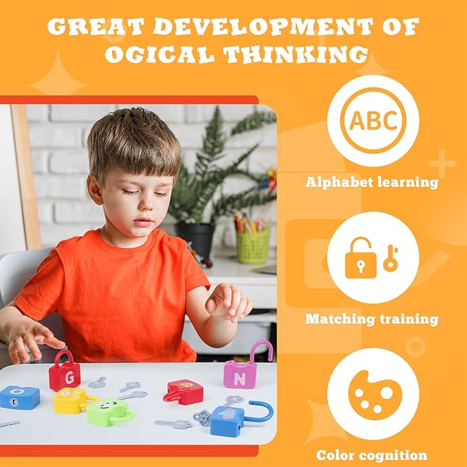 AXEARTE Montessori Educational Toys - Alphabet Learning Locks and Keys for Toddlers - 26 Locks & Keys Set - Baby Sensory Fine Motor Skills Toys - ABC Locks and Keys