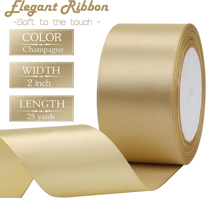 Champagne Solid Satin Ribbon 2 Inch 25 Yards Solid Polyester Fabric Ribbon for Gift Wrapping Wedding Christmas Baby Shower Birthday Party Decoration Handmade Immortal Flower Craft