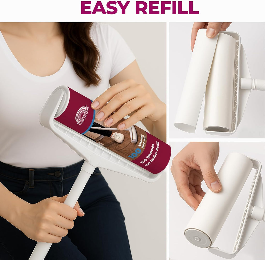 RainbowZone Large Lint Rollers plus 3 Rolls 9.5'' Extra Wide Total 300 sheets Giant Lint Roller Refills with 3 Extendable Long Handle for Pet Hair Removal and Household Cleaning (1 Roller + 3 Refills)