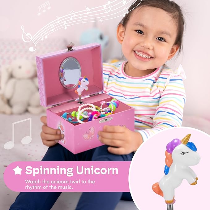 Jewelkeeper Unicorn and Butterfly Themed Jewellery Box Pink for Girls - Wooden Jewelry Box with Velvet Lining for Little Girl's Necklaces and Accessories - Spinning Unicorn Doll, Toys for Girls