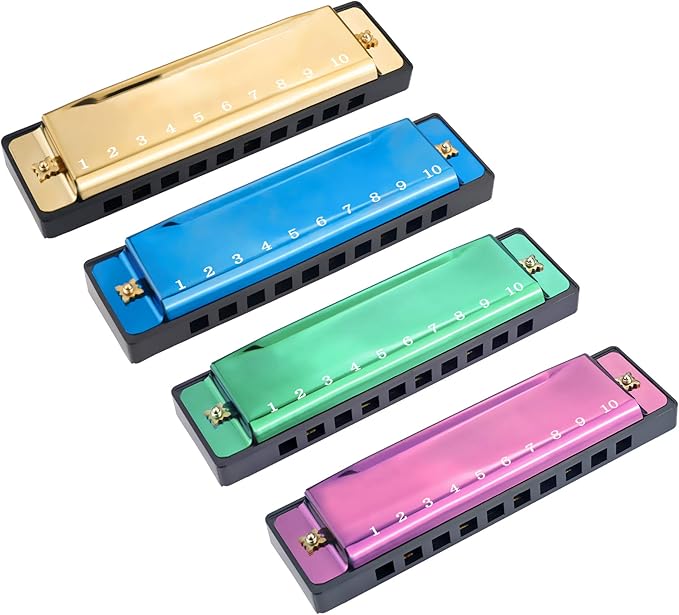 4PCS Key of C 10 Hole 10 Tones Titanium Color Harmonica with Case for Beginner Students Kids（Gold, Purple, Green, Blue）