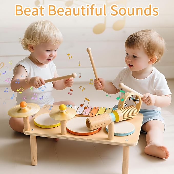 WINGYZ Drum Set for 1 Year Old Toddlers – 10 in 1 Wooden Baby Musical Toys for Kids with Drums, Xylophone, Cymbals, Bell & Tone Block, Montessori Music Instruments Gift for Ages 1-3 2-5