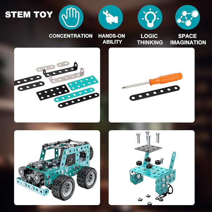 Buildable 3D Metal Engineering Kit 194-Piece STEM Set for Ages 8-16 Develops Logic Skills DIY Project Ideal Gift for Kids (Blue)