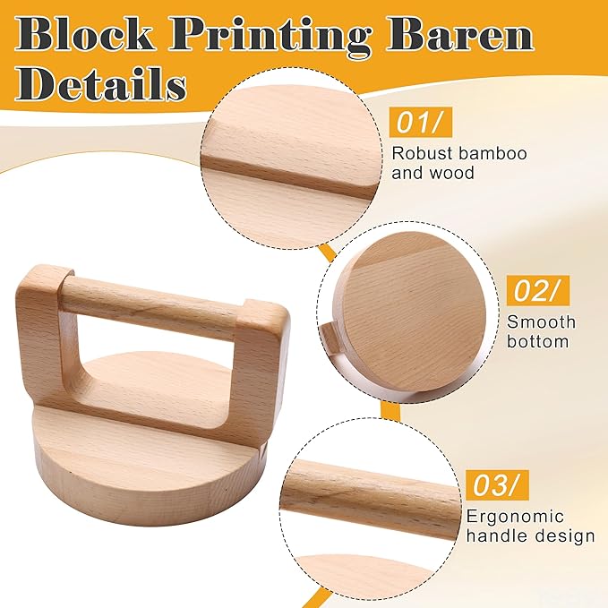 Coitak 1+1 Pcs Wooden Block Printing Baren with Rubber Brayer Roller, Block Printing Press Kit for Crafting, Printing, Inking, Stamping, Linocut