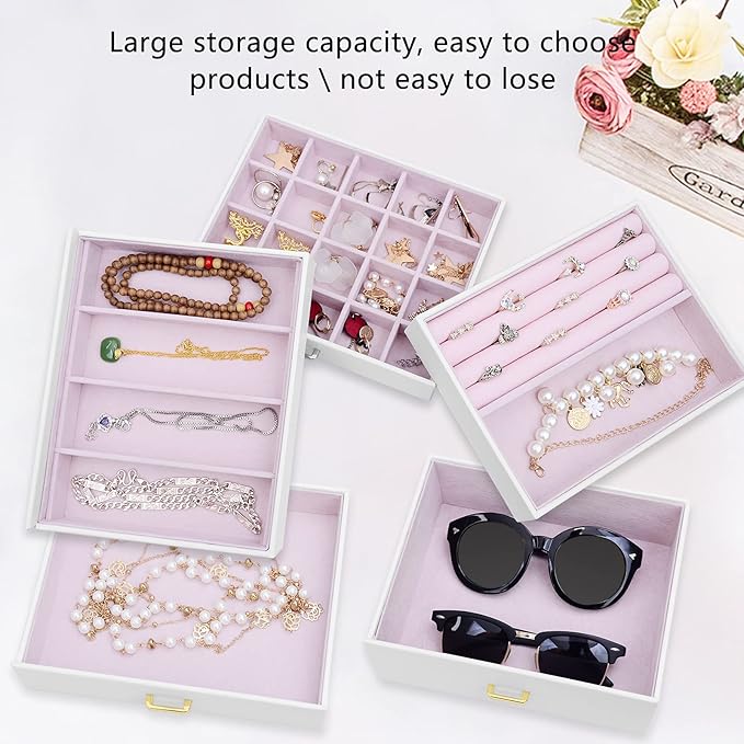 AKOZLIN Extra Large 6-Tier Jewelry Box Organizer with Mirror, 5 Drawers Leather Jewelry Storage Case for Women Girls Ring Necklace Earring Bracelet White