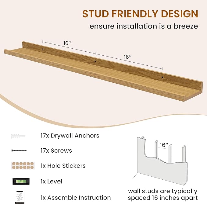 Axeman Picture Ledge Shelf, Floating Shelves for Wall Decor Storage Set of 6, 48 inch Floating Wall Mounted Shelves, Shelves with Lip for Living Room, Bedroom, Nursery, Bathroom, Kitchen, Oak