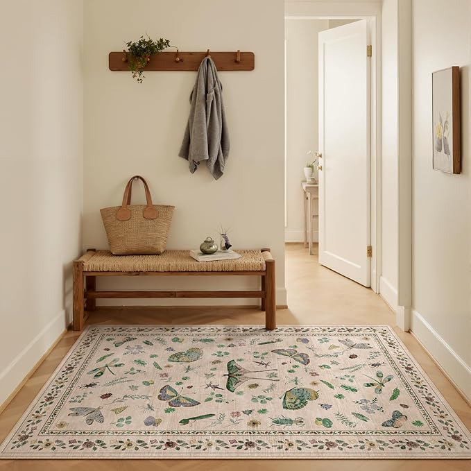 3x5 Washabl Rug with Insect Print - Bug Rug Non-Shedding Stain Resistant Soft Small Carpet for Bedroom, Low Pile Ultra-Thin Machine Washable Carpet for Nursery,Entrance, Office (3'x5' Beige)
