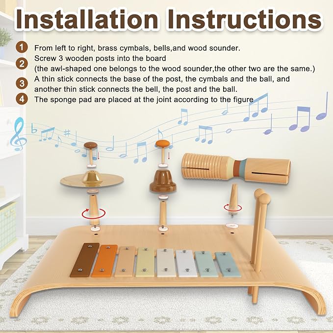 LOOIKOOS Kids Drum Set Toddler Musical Instruments Set Wooden Percussion Instrument Xylophone for Kids Montessori Toys Preschool Educational Musical Toys