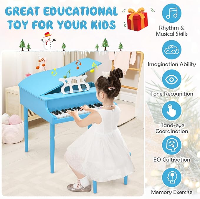 Goplus 30-Key Classical Kids Piano, Mini Grand Piano Wooden Learn-to-Play Musical Instrument Toy with Bench, Piano Lid, Music Rack, Gift for Boys Girls Aged 2+ Baby Toddler (4 Straight Leg-Blue)