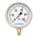 MEASUREMAN 4" Dial Size, Glycerin Filled Plumbing Pressure Gauge, 0-100psi, Stainless Steel Case, 1/4" NPT Lower Mount