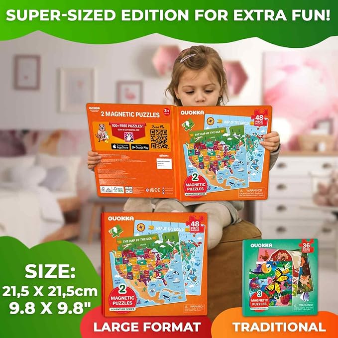 QUOKKA Magnetic Puzzles for Toddlers 4-6 - 2x48 Travel Puzzles Games for Kids Ages 3-5 - USA & World Maps Car Activities Toy for Boys and Girls - United States Learning Magnet for Road Trip