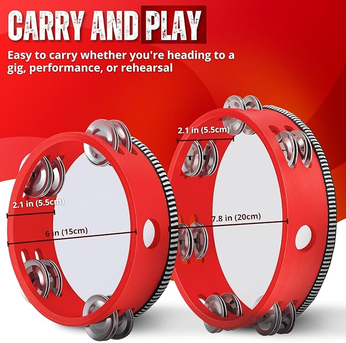 Flexzion Wood Handheld Tambourine for Kids - 8 & 6 Inch Set of 2 Pack, Double Row 12 Pair Metal Jingles, Percussion Drum Moon Musical Instrument (Red)