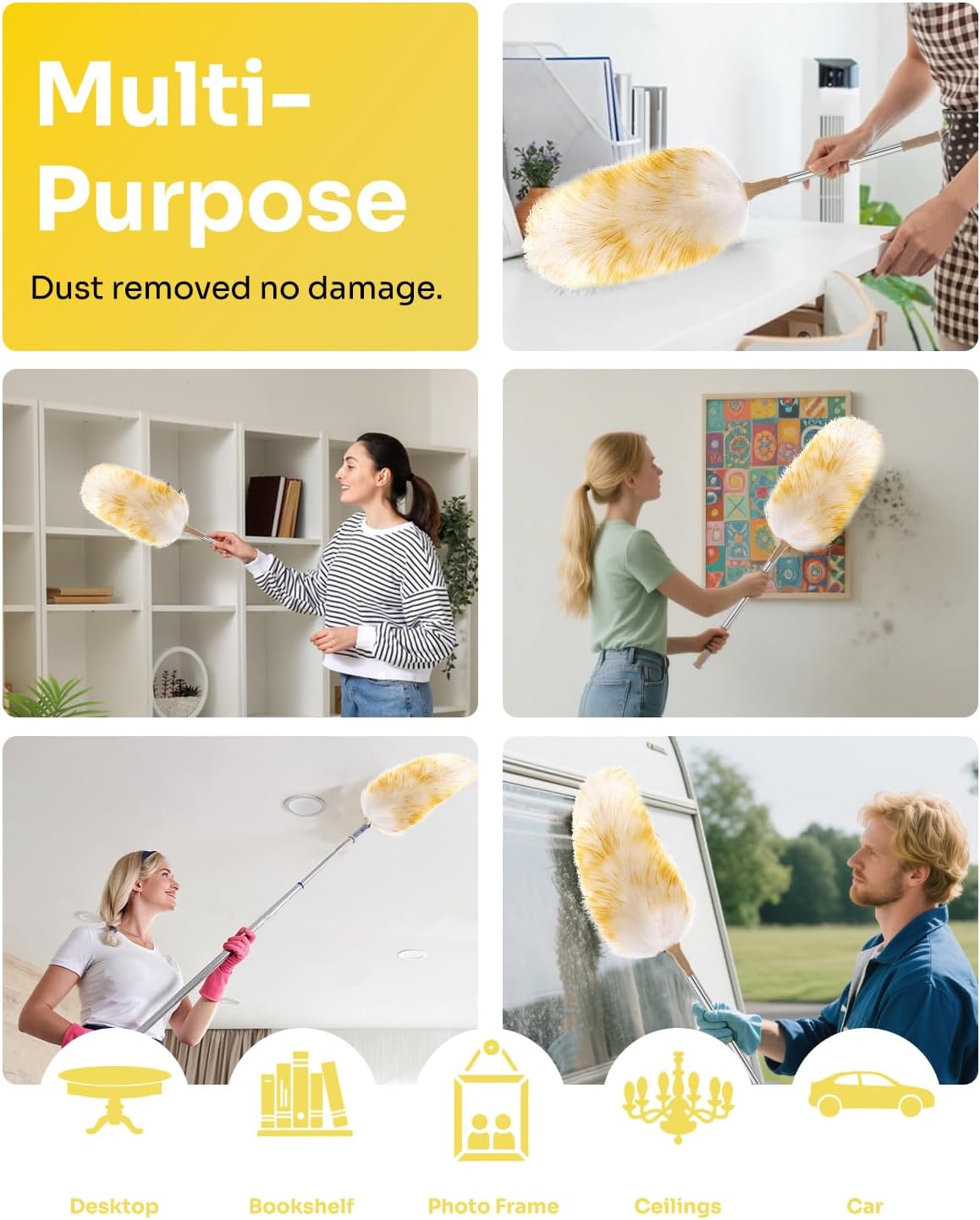 Extendable Lambswool Duster 30-100 Inch, Stainless Steel Long Handle Duster, Natural Feather Duster for Cleaning High Ceilings, Fans, Bookshelves, Interior, Cars, Brown