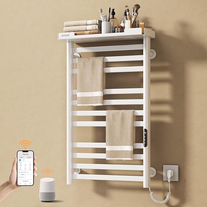 ENZE Heated Towel Rack with Shelf and Wi-Fi App Control, 11 Bars Electric Wall Mounted Towel Warmer with Timer & Adjustable Temperature, Low Carbon Steel, Plug-in/Hardwired, White