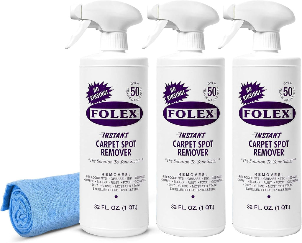 FOLEX Instant Carpet Spot Remover 32 oz – Powerful Stain Remover for Carpets, Upholstery & Rugs – Eliminates Pet Stains, Grease, Red Wine, Food, Makeup & More – With Reusable Cleaning Cloth – 3 Pack