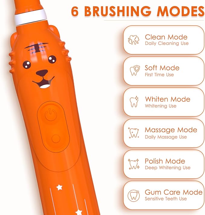 Kids Sonic Electric Toothbrush, Rechargeable Smart Toothbrush for Children Age 3-12, 2 Mins Timer, 6 Modes, 6 Brush Heads, Wall-Mounted Holder