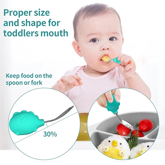 Deejoy Toddler Utensils - Stainless Steel Spoons and Forks, Kids Silverware Self Feeding Flatware Set with Travel Safe Case (Green)