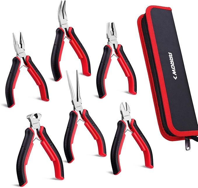 ARROW Mini Pliers Set, 6-Piece Precision Jewelry & Craft Kit – Includes Needle, Diagonal, Long, Bent, End Cutting & Lineman Pliers for Electronics, Crafts & DIY, with Pouch
