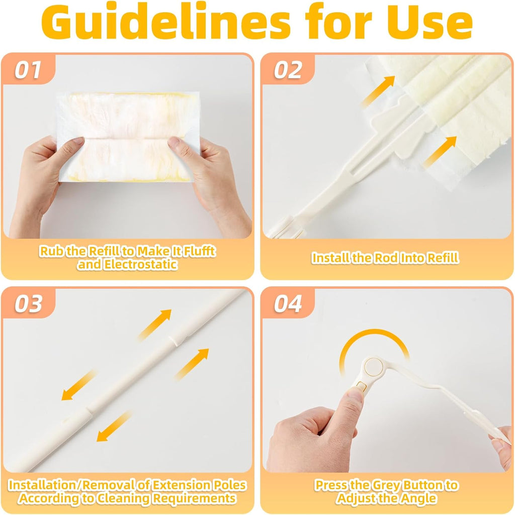 52 Count Disposable Duster Refills for Cleaning, 180° Dusters Refills Compatible with Swiffer Handles (Yellow, 50 Count Dust Removal Brushes + 1 Standard Handle + 1 Extended Handle)