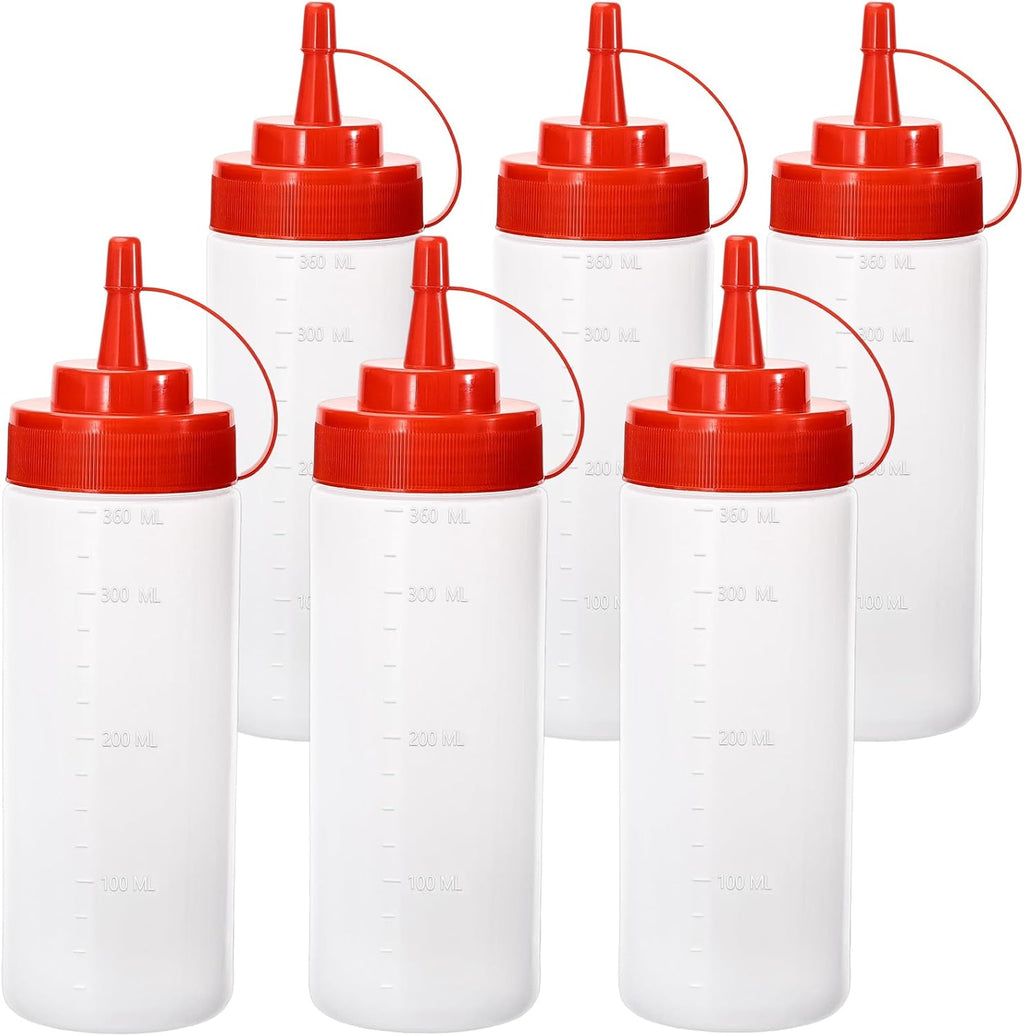 Condiment Squeeze Bottles Ketchup Dispenser, 6 Pack 12oz Squeeze Bottles for Liquids, Plastic Sauce Bottle with Cap Lid, Squirt Bottles for Sauces Liquids BBQ Dressing Pancake Art