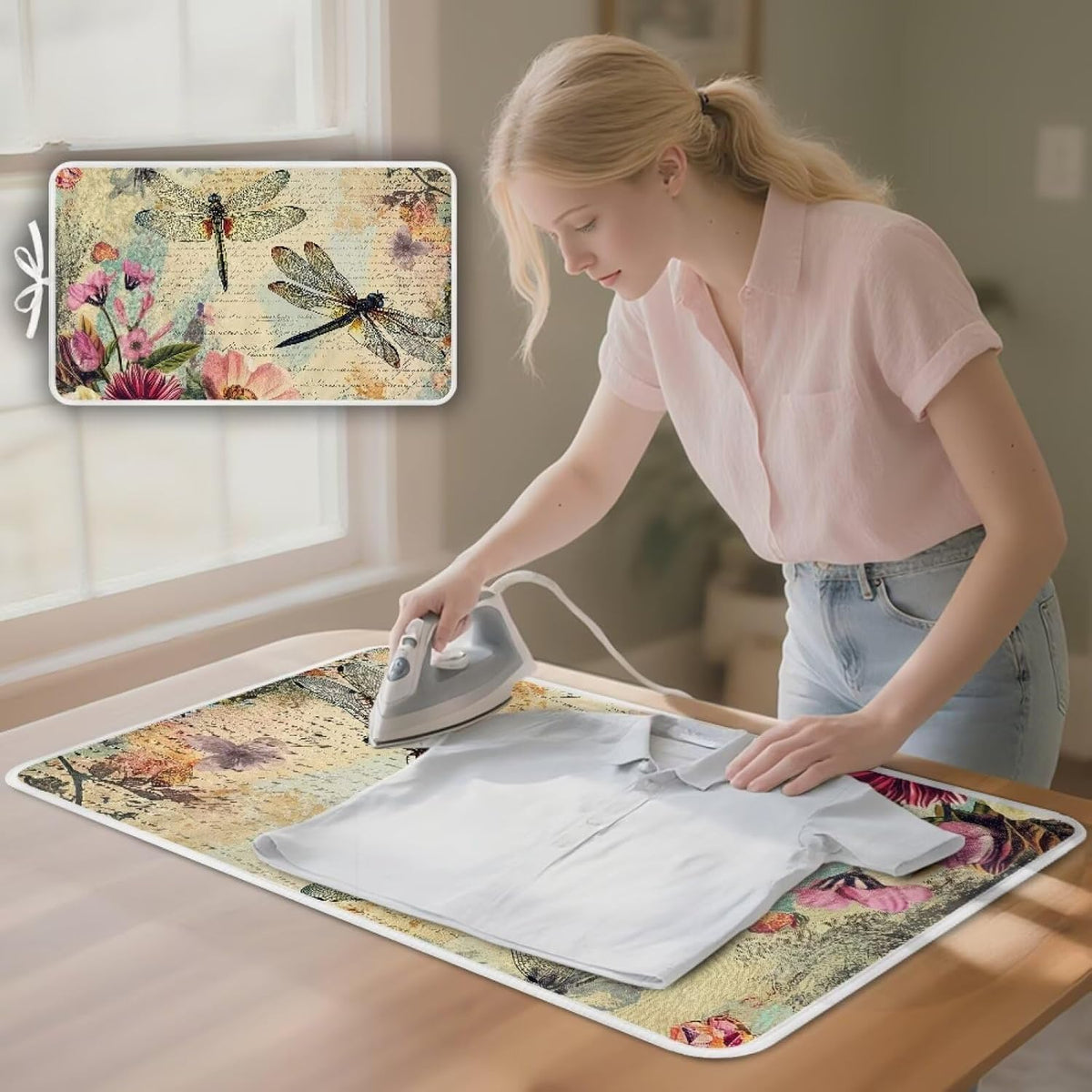 Vintage Ironing Pad Dragonfly Ironing Blanket Thick Travel Iron Pad Heat Resistant Ironing Board Cover for Table Top, Washer, Dryer,32 x 16 Inch Ironing Mats