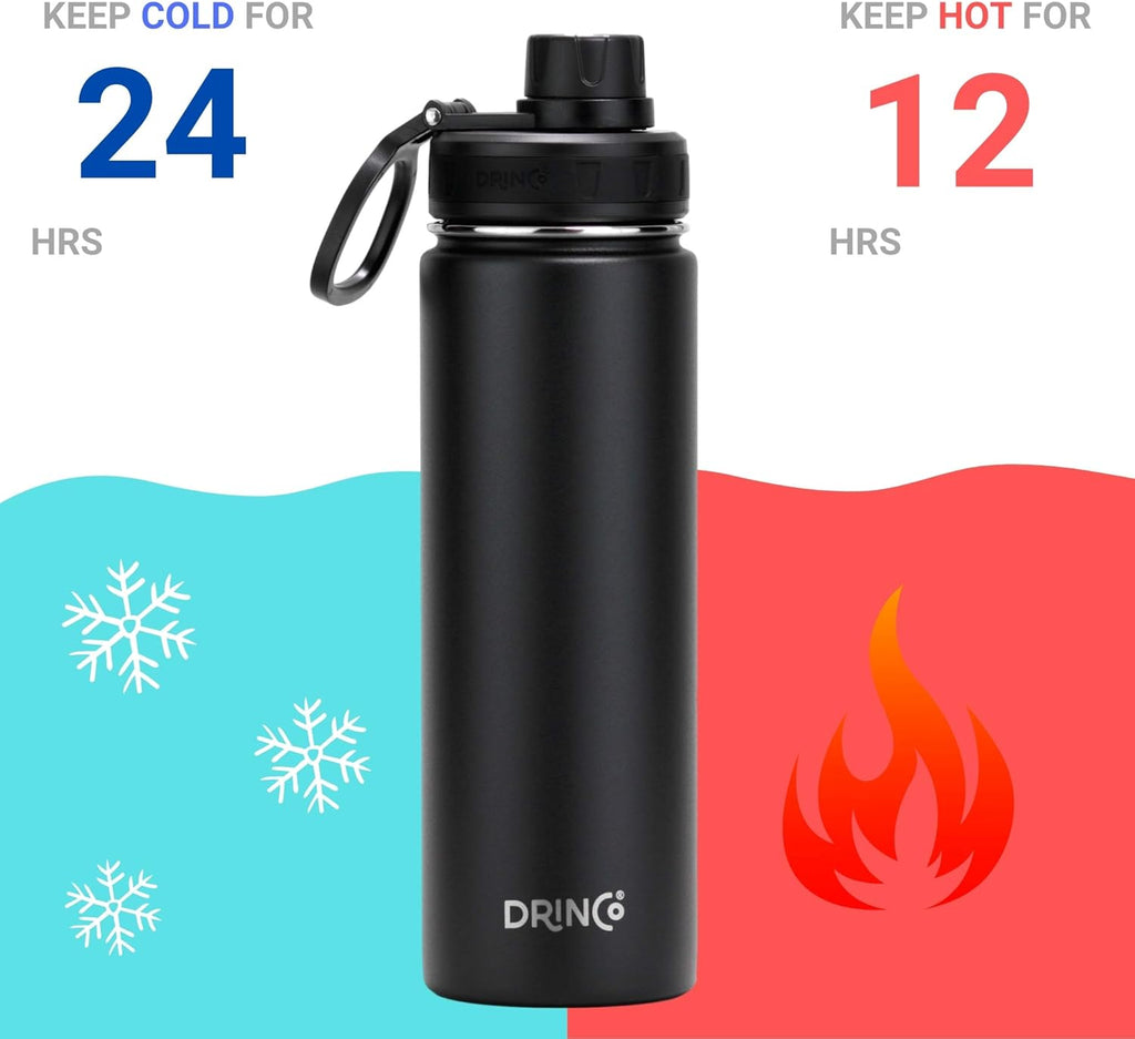 Drinco Stainless Steel Water Bottle Spout Lid Vacuum Insulated Double Wall Water Bottle Wide Mouth (40oz 32oz 22oz 18oz 14oz) Leak Proof Keep Cold Sport Camping Hiking (22 oz, 22oz Black)
