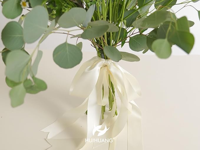 HUIHUANG Ivory Satin Ribbon 1-1/2 inch x 100 Yards Antique White Double-Faced Satin Ribbon for Flower Bouquet, Gift Wrapping, Eternal Roses, DIY Crafts, Bridal Shower Wedding Decor
