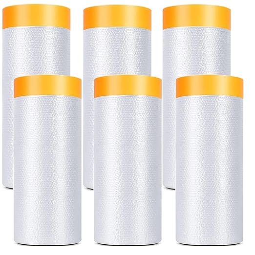 Painters Plastic With Tape, Pre-Taped Masking Film, 6 Rolls Automotive Best Tape and Drape, Paint Adhesive Protective Film Roll for Covering Skirting, Frames, Cars and Auto Body (5 X 65-Feet) (6)