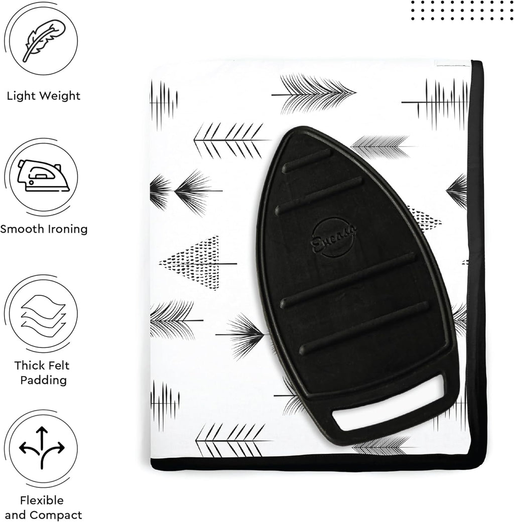 Encasa XO Ironing Mat/Pad (Large 48"x28") with 3mm Padding & Silicone Iron Rest for Steam Pressing on Tabletop or Bed - Heat Resistant, Portable, Quilting & Travel Blanket - Black Arrow