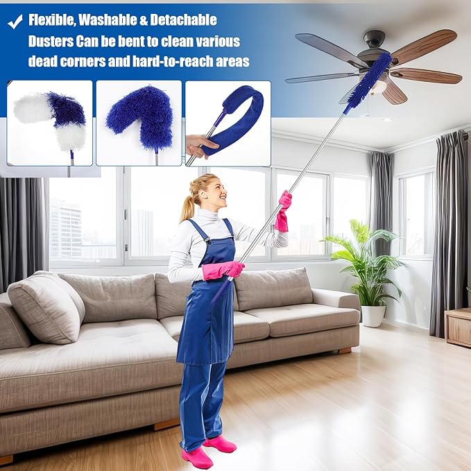 9PCS Dusters for Cleaning,Extendable Microfiber Duster with Extension Pole Up to 100'',Bendable Washable and Reusable Dusters Kit for Ceiling Fans, Blinds, High Ceilings, Furniture,Cars
