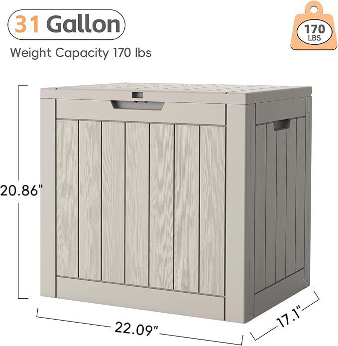 Outdoor Storage Box, 31 Gallon Waterproof Resin Deck Box, Storage Bin for Package Delivery, Patio Furniture Cushion, Garden Tools, Pool Accessories, Weatherproof and UV Resistant, Grey