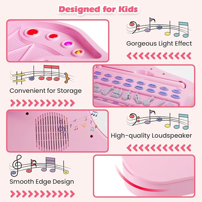 HONEY JOY Classical Kids Mini Grand Piano, 37-Key Electronic Piano with Music Stand & Stool, Portable Musical Instrument Toy for Kids (Pink, 37 Keys)