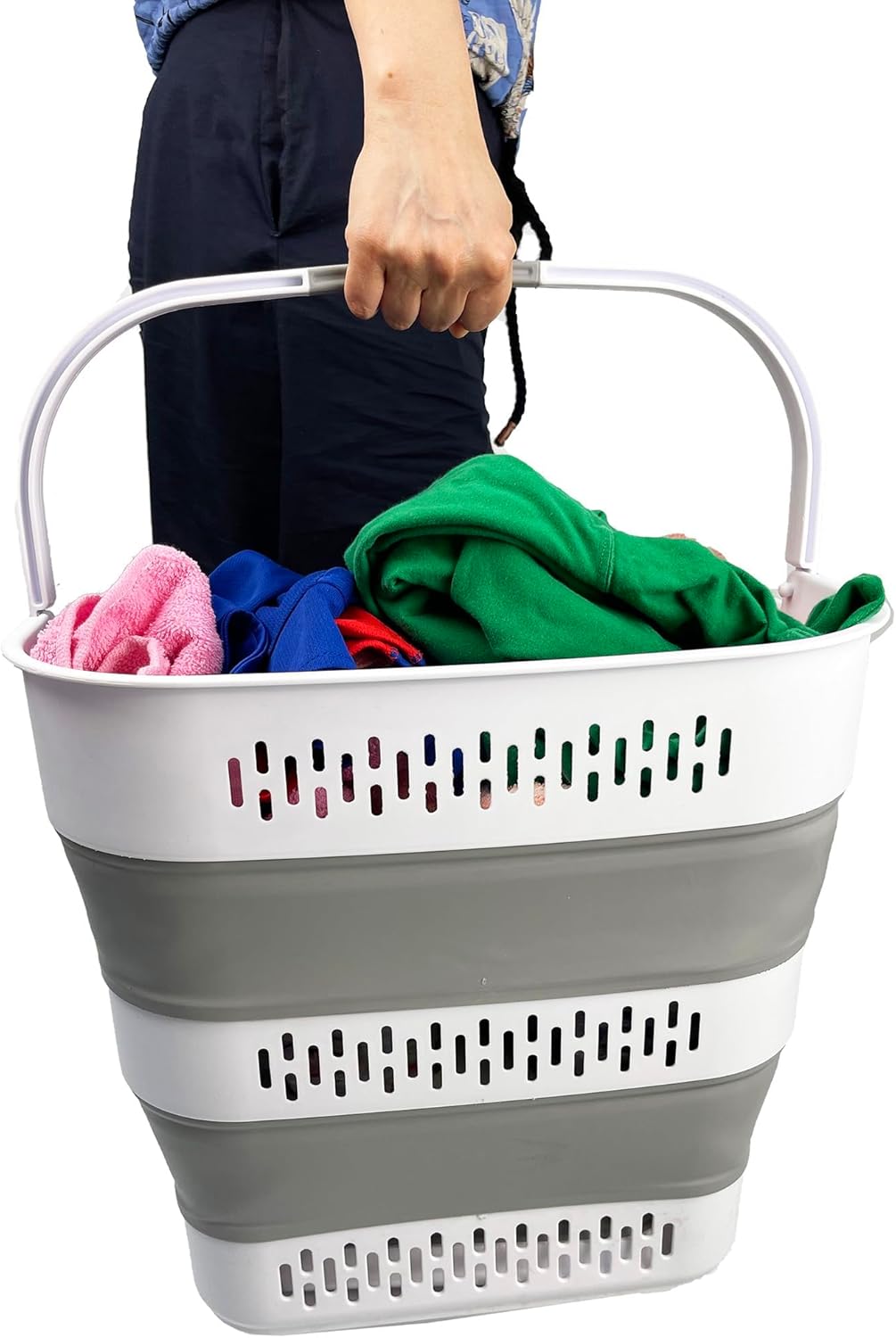 SAMMART 40L (10.5 Gallon) Collapsible Plastic Laundry Basket with Handles - Foldable Pop Up Storage Container/Organizer - Portable Laundry Hamper - Space Saving (1, White/Grey)