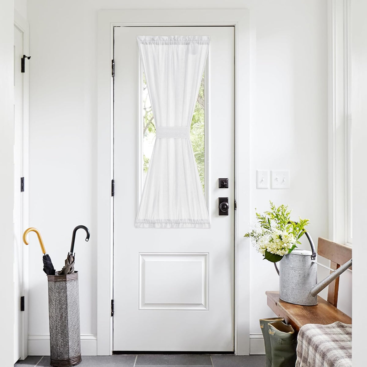 NICETOWN Sheer Door Curtain for Windows, Light Filgtering French Door Curtain Self Adhesive Window Blind for Patio Sidelight Cover Tie Up Shade, W26 x L50 in, 1 Panel, Pure White
